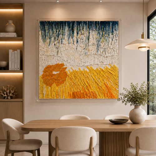 Handmade 3D Paper Textured Wall Art – Blue & Golden Abstract Wall Sculpture
