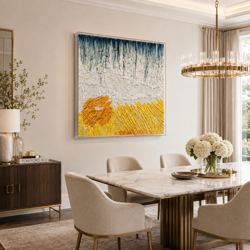 Handmade 3D Paper Textured Wall Art – Blue & Golden Abstract Wall Sculpture