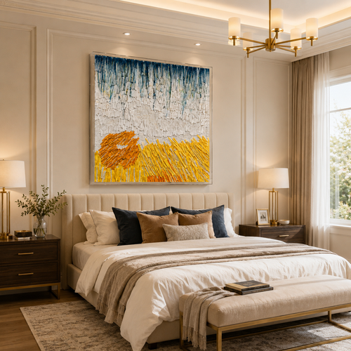 Handmade 3D Paper Textured Wall Art – Blue & Golden Abstract Wall Sculpture