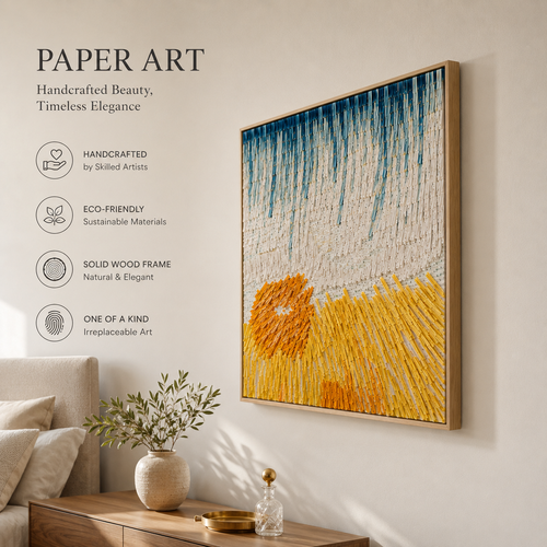Handmade 3D Paper Textured Wall Art – Blue & Golden Abstract Wall Sculpture