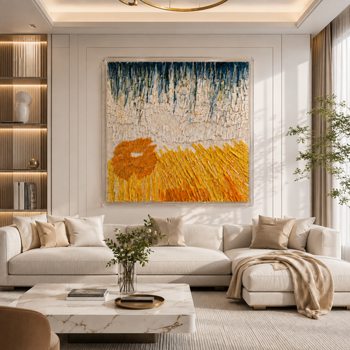 Handmade 3D Paper Textured Wall Art – Blue & Golden Abstract Wall Sculpture