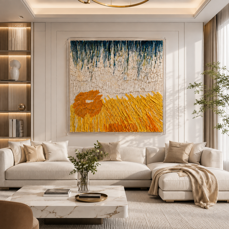 Handmade 3D Paper Textured Wall Art – Blue & Golden Abstract Wall Sculpture
