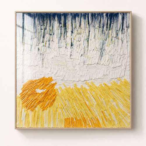 Handmade 3D Paper Textured Wall Art – Blue & Golden Abstract Wall Sculpture