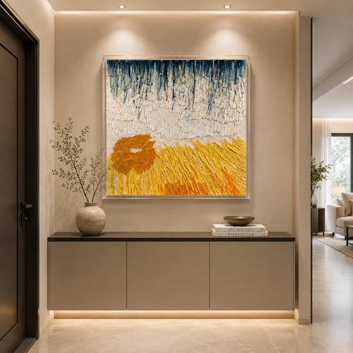 Handmade 3D Paper Textured Wall Art – Blue & Golden Abstract Wall Sculpture