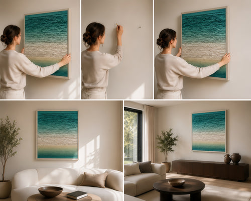 Handmade Coastal Textured Wall Art – 3D Paper Relief Ocean-Inspired Square Wall Decor