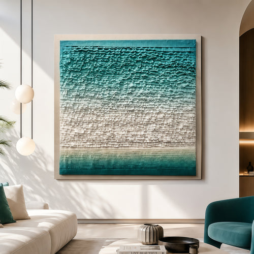 Handmade Coastal Textured Wall Art – 3D Paper Relief Ocean-Inspired Square Wall Decor