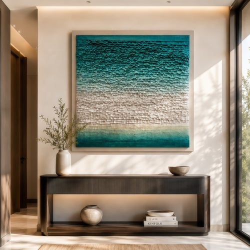 Handmade Coastal Textured Wall Art – 3D Paper Relief Ocean-Inspired Square Wall Decor