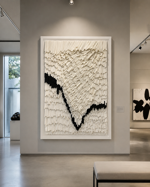 Handcrafted 3D Textured Wall Art – Modern Geometric Paper Straw Sculpture, Large Abstract White Relief Wall Decor