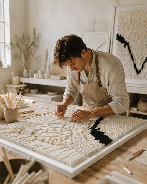 Handcrafted 3D Textured Wall Art – Modern Geometric Paper Straw Sculpture, Large Abstract White Relief Wall Decor