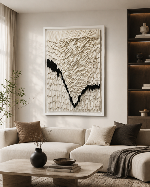 Handcrafted 3D Textured Wall Art – Modern Geometric Paper Straw Sculpture, Large Abstract White Relief Wall Decor