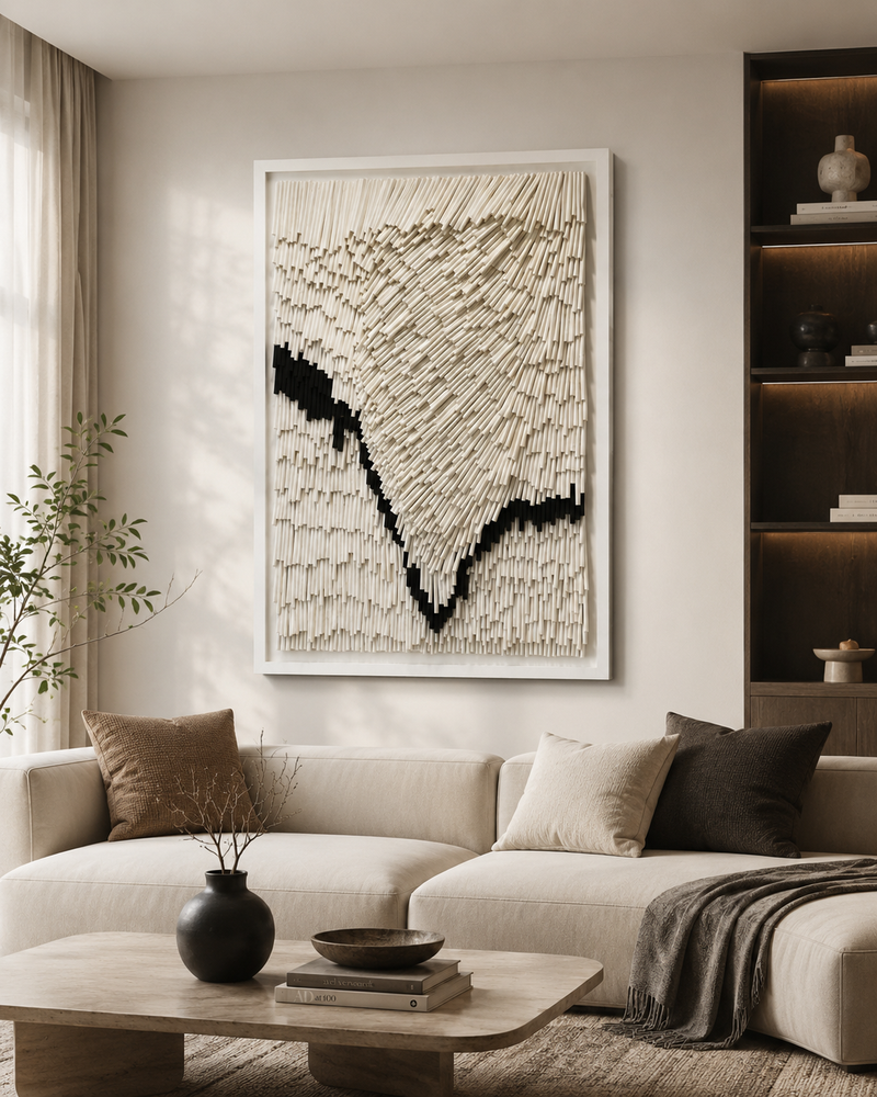 Handcrafted 3D Textured Wall Art – Modern Geometric Paper Straw Sculpture, Large Abstract White Relief Wall Decor