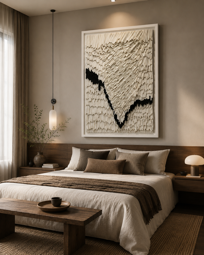 Handcrafted 3D Textured Wall Art – Modern Geometric Paper Straw Sculpture, Large Abstract White Relief Wall Decor