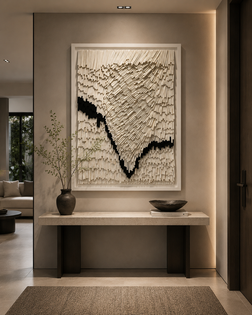 Handcrafted 3D Textured Wall Art – Modern Geometric Paper Straw Sculpture, Large Abstract White Relief Wall Decor