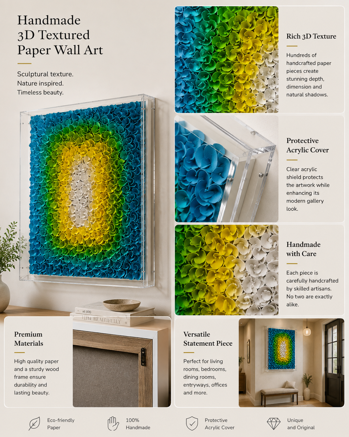 Handmade 3D Paper Floral Wall Art – Colorful Textured Statement Decor