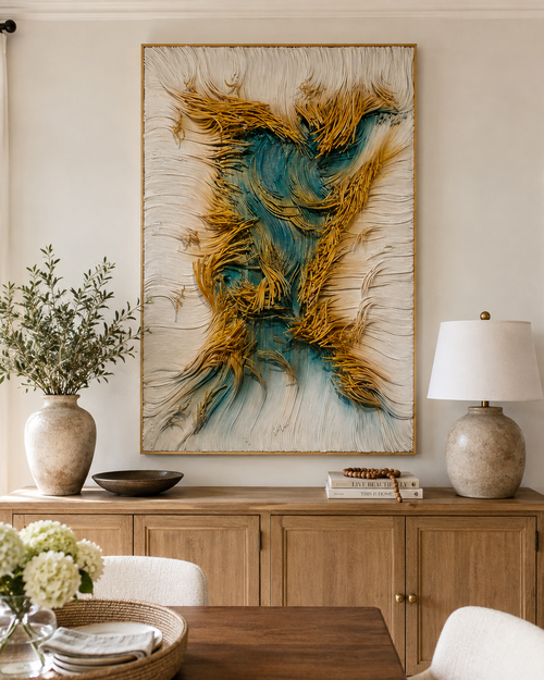 Handmade 3D Paper Rope Textured Wall Art – Teal & Gold Wall Sculpture