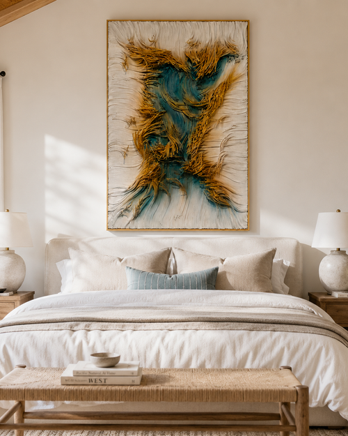 Handmade 3D Paper Rope Textured Wall Art – Teal & Gold Wall Sculpture