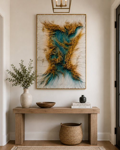Handmade 3D Paper Rope Textured Wall Art – Teal & Gold Wall Sculpture