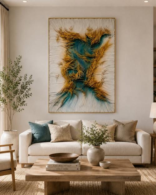 Handmade 3D Paper Rope Textured Wall Art – Teal & Gold Wall Sculpture