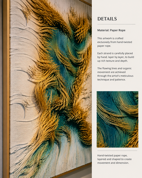 Handmade 3D Paper Rope Textured Wall Art – Teal & Gold Wall Sculpture