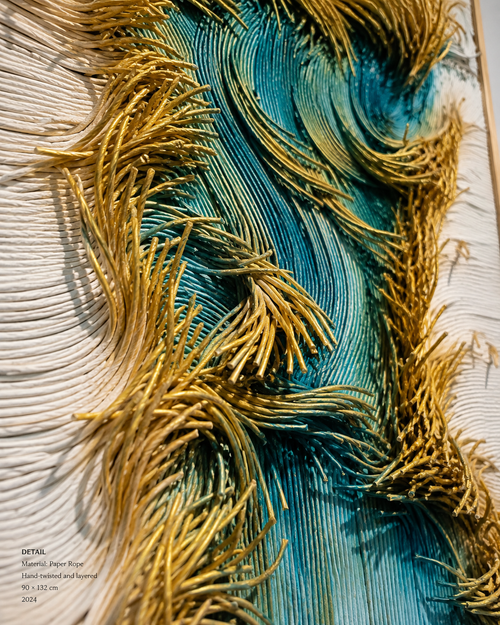 Handmade 3D Paper Rope Textured Wall Art – Teal & Gold Wall Sculpture