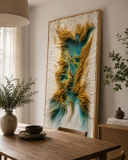 Handmade 3D Paper Rope Textured Wall Art – Teal & Gold Wall Sculpture