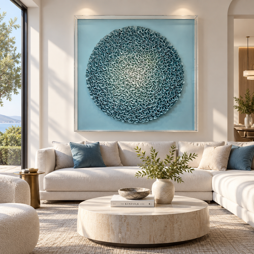 Handmade Blue Round 3D Textured Wall Art with Acrylic Cover