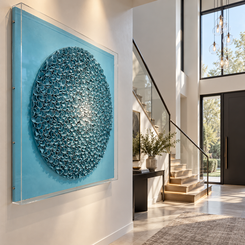 Handmade Blue Round 3D Textured Wall Art with Acrylic Cover