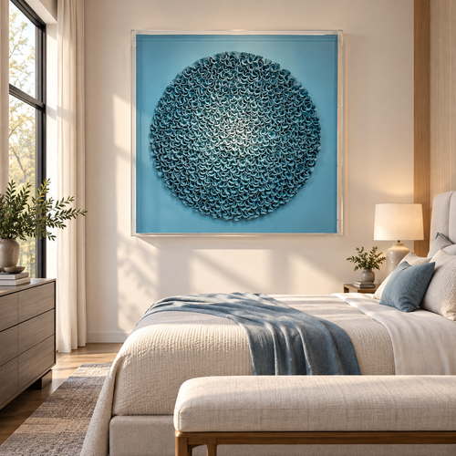 Handmade Blue Round 3D Textured Wall Art with Acrylic Cover
