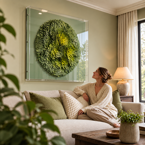 Handmade Green 3D Wall Art – Textured EVA Floral Wall Decor with Acrylic Cover