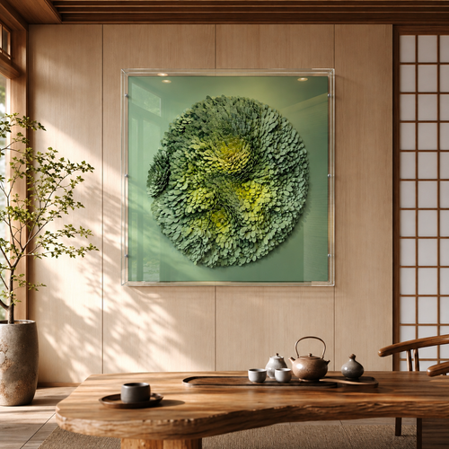 Handmade Green 3D Wall Art – Textured EVA Floral Wall Decor with Acrylic Cover