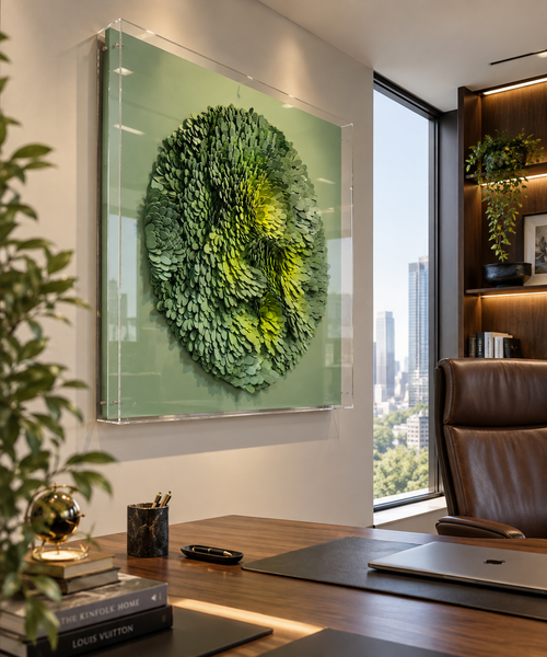 Handmade Green 3D Wall Art – Textured EVA Floral Wall Decor with Acrylic Cover