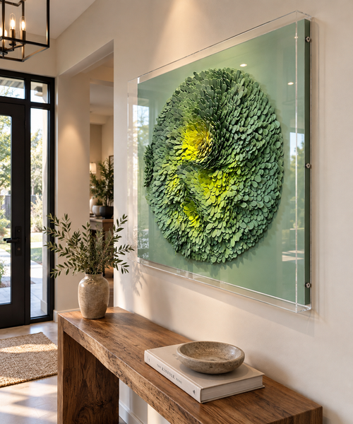 Handmade Green 3D Wall Art – Textured EVA Floral Wall Decor with Acrylic Cover