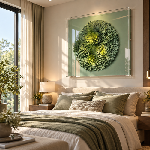 Handmade Green 3D Wall Art – Textured EVA Floral Wall Decor with Acrylic Cover