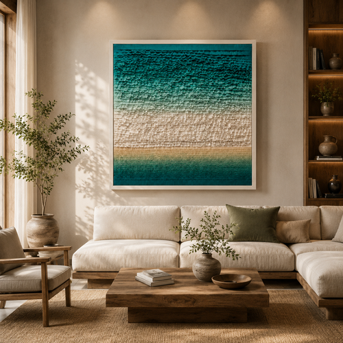 Handmade Coastal Textured Wall Art – 3D Paper Relief Ocean-Inspired Square Wall Decor