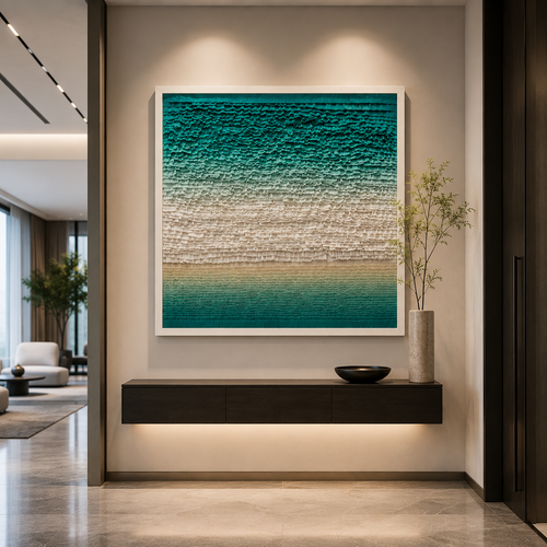 Handmade Coastal Textured Wall Art – 3D Paper Relief Ocean-Inspired Square Wall Decor