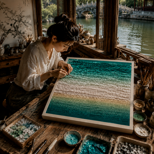 Handmade Coastal Textured Wall Art – 3D Paper Relief Ocean-Inspired Square Wall Decor