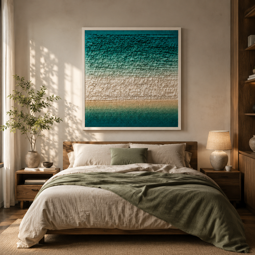 Handmade Coastal Textured Wall Art – 3D Paper Relief Ocean-Inspired Square Wall Decor