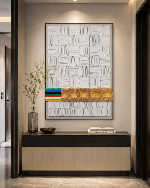 Handcrafted Geometric Paper Sculpture Wall Art | Modern Textured Artwork with Black Wood Frame